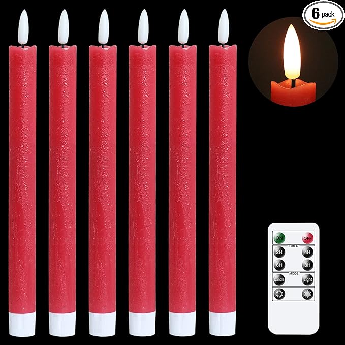 GenSwin Flameless Red Taper Candles Flickering with 10-Key Remote, Battery Operated Led Warm 3D Wick Light Window Candles Real Wax Pack of 6, Christmas Home Wedding Decor(0.78 X 9.64 Inch)-HomvellaHome