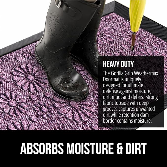 GORILLA GRIP 100% Waterproof All-Season WeatherMax Doormat, Durable Natural Rubber, Stain and Fade Resistant, Low Profile, Indoor Outdoor Door Mats, Easy Clean Entry Mat, 17x29, Purple Confetti Daisy-HomvellaHome