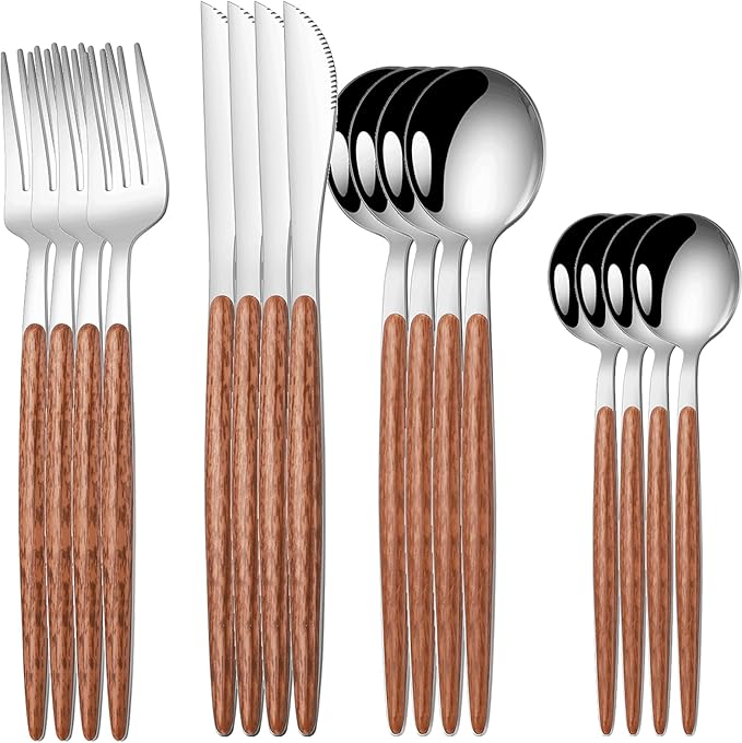 16 PCS Silverware Set for 4,Stainless Steel Flatware Cutlery Eating Utensils Set with Wood Grain Handle,Steak Knives Forks and Spoons for Home,Party,Mirror Polished and Dishwasher Safe-HomvellaHome