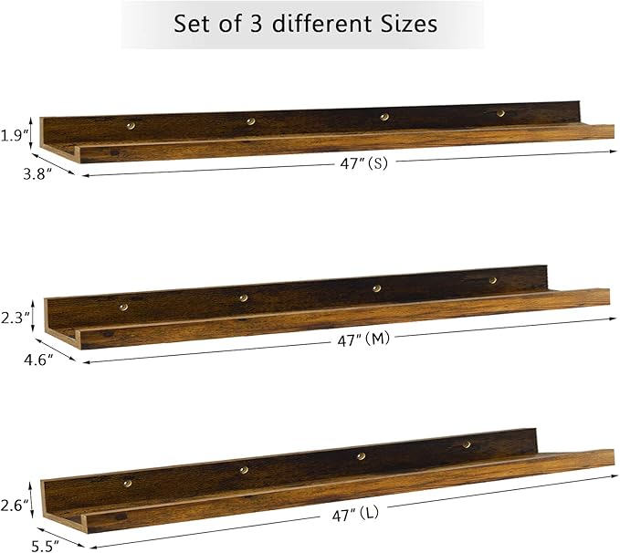 Giftgarden 47 Inch Long Floating Shelves for Wall, Rustic Picture Ledge Large Shelf for Living Room Bedroom Bathroom Kitchen, Set of 3 Different Sizes-HomvellaHome