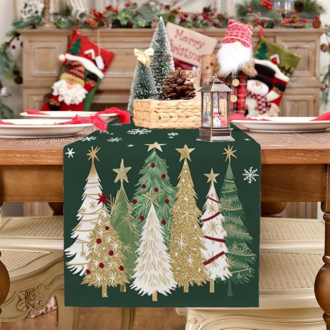 GEEORY Christmas Table Runner 13x48 Inch, Xmas Trees Snowflakes Holiday Decorative Farmhouse Table Decoration for Kitchen Dinning, Indoor Outdoor Dinner Party Decor (Green) GT152-48-HomvellaHome