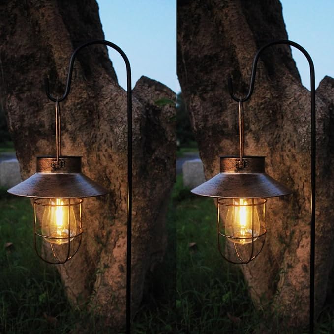 2 Pack Solar Lanterns, Outdoor Hanging Lights Metal with Shepherd Hook Warm White Edison Bulb Design for Garden and Birthday Gifts for Mom Grandma Wife ( Copper)-HomvellaHome