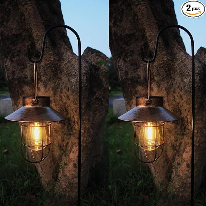 2 Pack Solar Lanterns, Outdoor Hanging Lights Metal with Shepherd Hook Warm White Edison Bulb Design for Garden and Birthday Gifts for Mom Grandma Wife ( Copper)-HomvellaHome