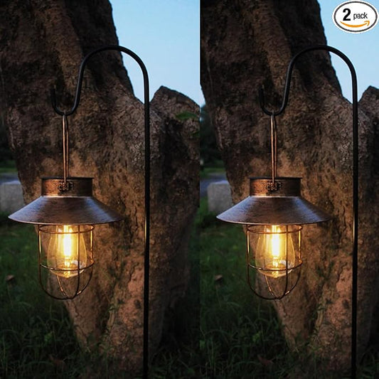 2 Pack Solar Lanterns, Outdoor Hanging Lights Metal with Shepherd Hook Warm White Edison Bulb Design for Garden and Birthday Gifts for Mom Grandma Wife ( Copper)-HomvellaHome