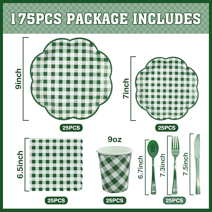 175 Pcs Green Gingham Plates and Napkins Party Supplies - Green and White Checkered Plates Sets Serve 25 Guests - Scalloped Gingham Paper Plate for Birthday Picnic BBQ Golf Party Decorations-HomvellaHome