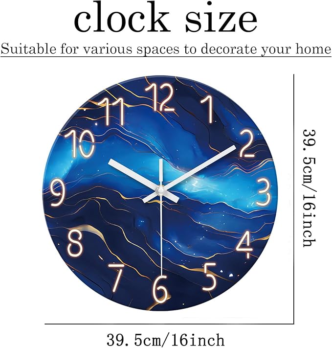 Glass Blue Wall Clocks Battery Operated 16 Inch Marble Pattern Big Clock for Office Abstract Silent Wall Clock Non Ticking-HomvellaHome