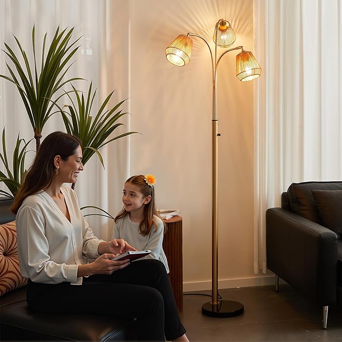 Gold Rattan Floor Lamp for Living Room, 72 Inch Tall Boho Floor Lamp with Rotary Switch, 3 Lights Arc Lamp with Wicker Shade for Coastal,Bohemian,Modern,Tree Farmhouse Standing Lamp-HomvellaHome