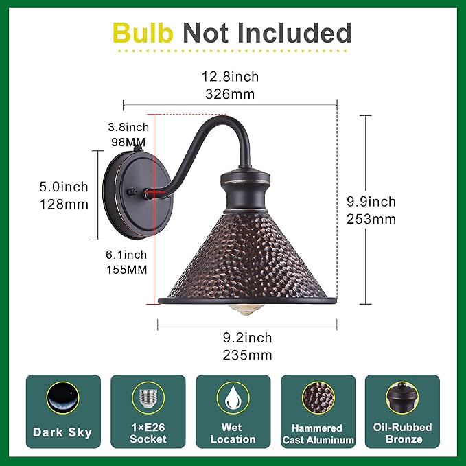 2 Pack Dusk to Dawn Outdoor Wall Light Fixtures Photocell Sensor, Exterior Sconce Light with Cast Hammered Aluminum Shade, Outside Wall Mount Lamp for House Patio Garage Entryway Doorway-HomvellaHome