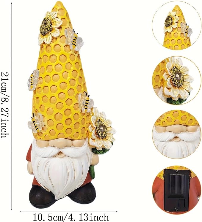 Garden Gnome Statue Solar Powered with Glowing Bees Sunflower Outdoor Funny Resin Figurine Decorations for Patio Yard Lawn Porch Housewarming Ornament Gift-HomvellaHome