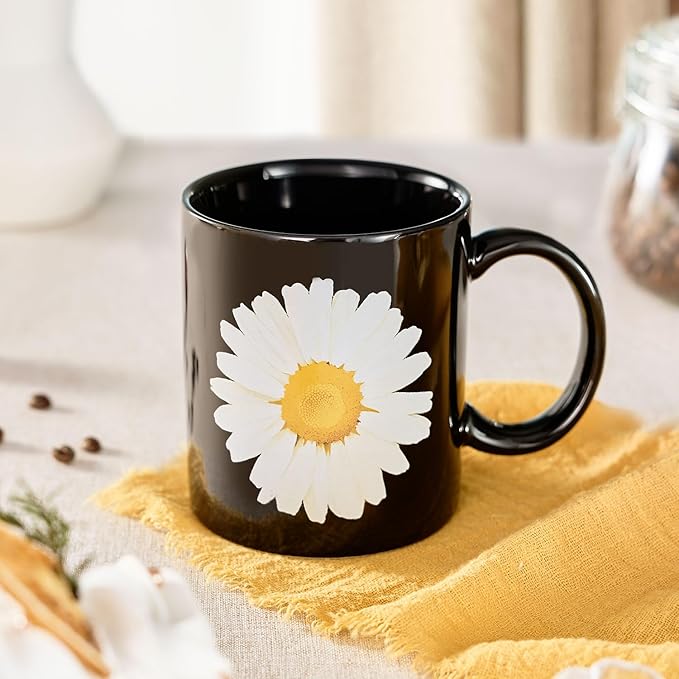 12Oz Daisy Black Ceramic Mug, Mug for Daily Coffee and Tea, Lead-free, Microwave and Dishwasher Safe Coffee Mug, Perfect gifts for women and men-HomvellaHome