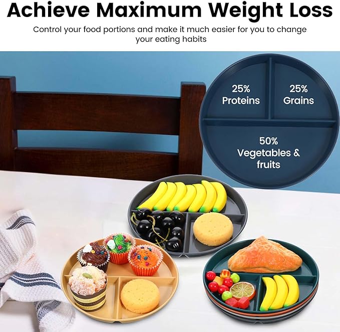 10 Pcs Unbreakable Divided Plates for Kids Adults, 9 Inch Round Portion Control Plate, 3 Compartment Plates with Dividers, Lightweight Reusable Dinnerware Portion Control Plastic, Dishwasher Safe-HomvellaHome