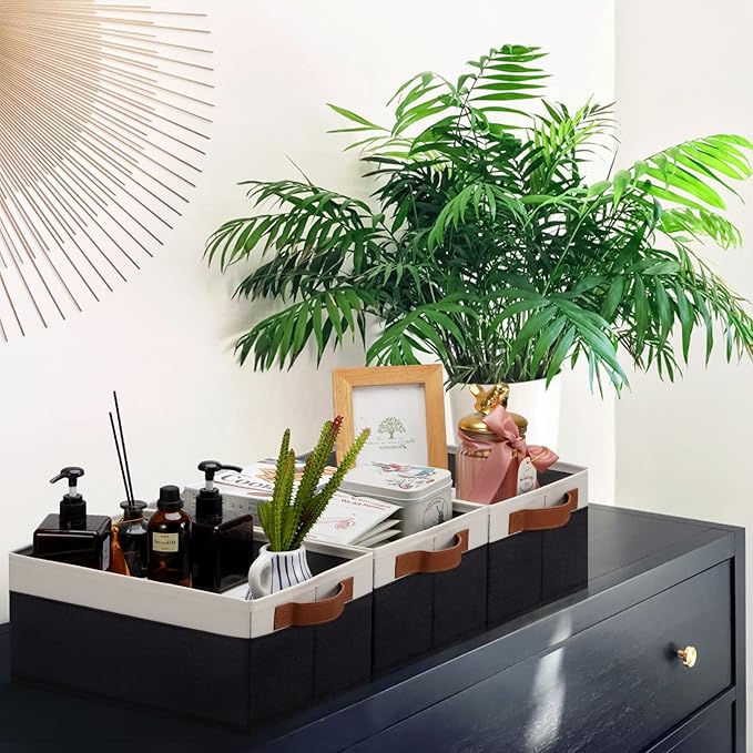 GhvyenntteS Storage Baskets for Shelves 12 Pack, Fabric Storage Bins with Leather Handles, Foldable Rectangular Storage Baskets for Organizing Home, Office (Black/White, 11.8" x 7.87" x 5.11")-HomvellaHome