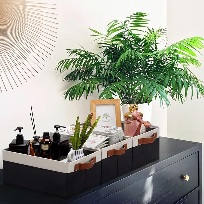 GhvyenntteS Storage Baskets for Organizing, Fabric Storage Bins with Leather H&les, Foldable Rectangular Storage Baskets for Shelves, Closets, Home, Office(Black/White, 6 Pack)11.8X7.9X5.1 in-HomvellaHome