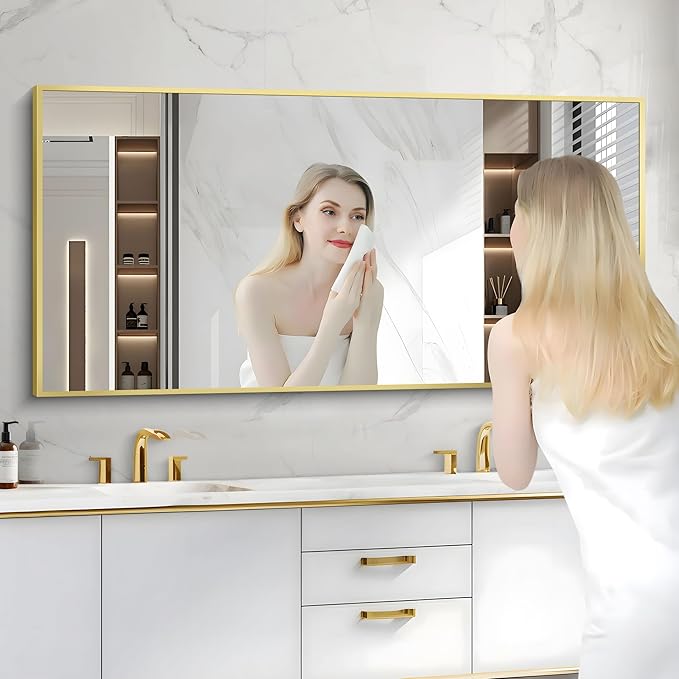 Gold Bathroom Mirror for Wall, 60x30 Inch Rectangle Mirrors with Metal Frame, Modern Vanity Wall Mirror Decor for Bathroom Living Room, Entryway Hangs Horizontal or Vertical-HomvellaHome
