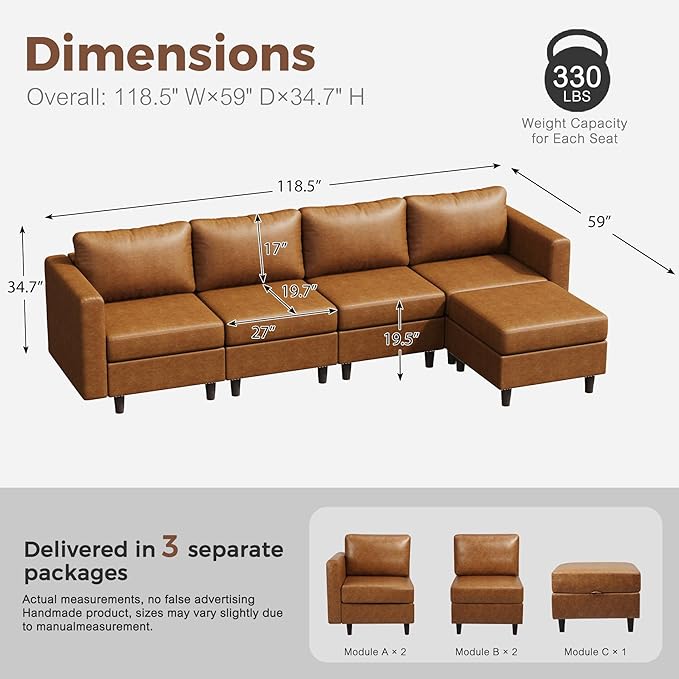 118.5" Faux Leather Modular Sectional Sofa, L Shaped Couch Set for Living Room, 5-Seater Comfy Cloud Couches with Movable Storage Ottoman,DIY Combination - Brown-HomvellaHome
