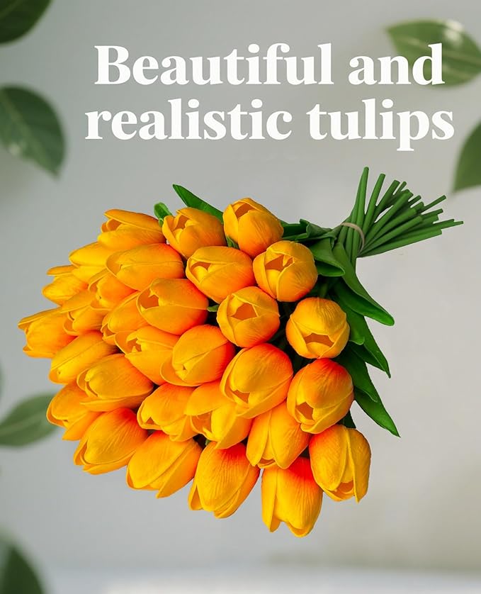 15 Heads Artificial Flowers PU Real Touch Tulip Bouquets Orange Tulips Faux Tulips Latex Fake Flower Bouquet for Spring Wedding Home Décor Centerpiece Arrangements-HomvellaHome