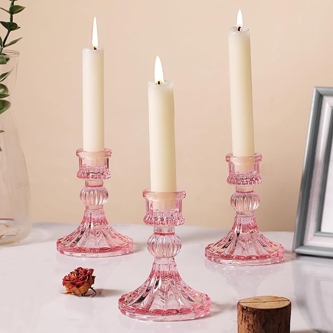 12PCS Pink Candlestick Holders Set- 4" H Taper Candle Holders, Glass Candle Holders Bulk for Wedding, Party, Home Table Centerpieces, Festival Gifts & Windowsill Decor-HomvellaHome