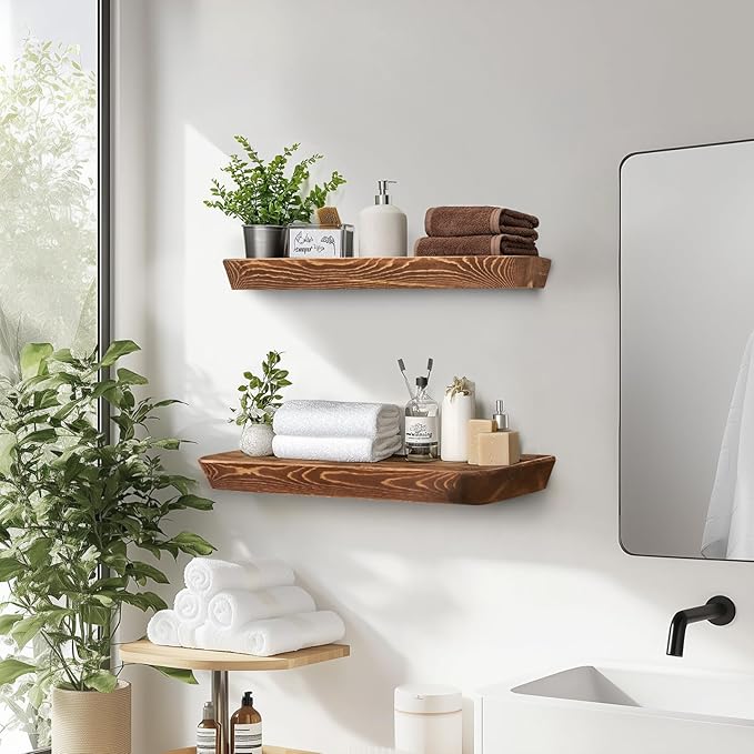 16"x6.8"x1.6" Slanted Floating Wall Shelves 2-Pack - Rustic Brown Finish, Heavy-Duty Solid Wood Design with Hidden Brackets - Perfect for Living Room, Kitchen, Bathroom, or Office-HomvellaHome