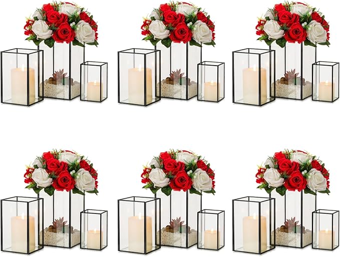 Glass Hurricane Candle Holder Large - Hewory 18pcs Black Rectangle Flower Holders Centerpiece for Table, Tall Floor Square Pillar Candle Lantern for Wedding, Anniversary, Party, Fireplace, Dining Room-HomvellaHome