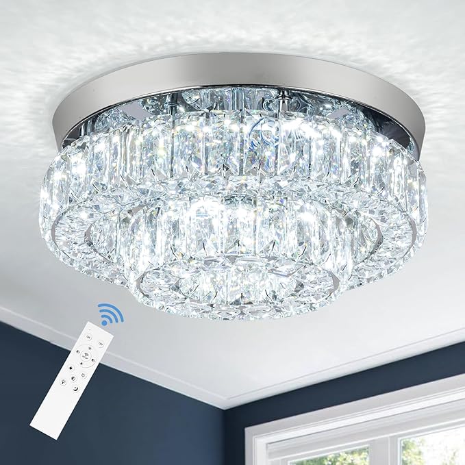 11.8" LED Chandelier 2-Layer Crystal Ceiling Light Fixture with Remote Control Flush Mount Chandelier Light for Hallway Bedroom Living Room Kitchen Foyer(dimmable)-HomvellaHome