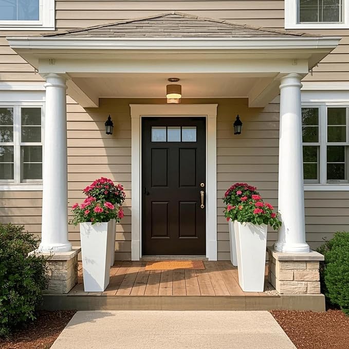 GreenShip 27" Tall Planters, Set of 2 – Black Outdoor Planter for Front Porch & Tall Plants, Weather-Resistant, with Drainage Hole & Rubber Plug (No Plants Included) (White-2pcs)-HomvellaHome