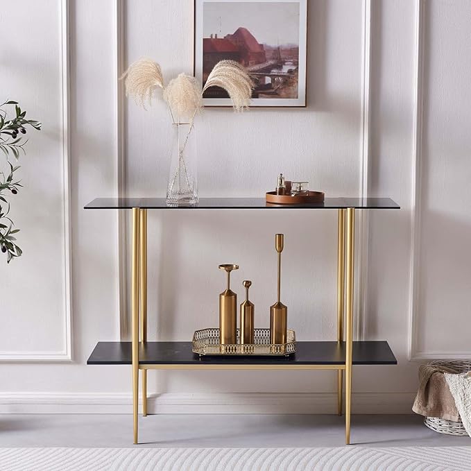 Glass Console Table for Living Room, Foyer & Entrance, 2-Tiers Mid-Century Modern Sofa Table with Grey Glass Top, Black Marble Finish Wood Shelf and Gold Finish Frame-HomvellaHome