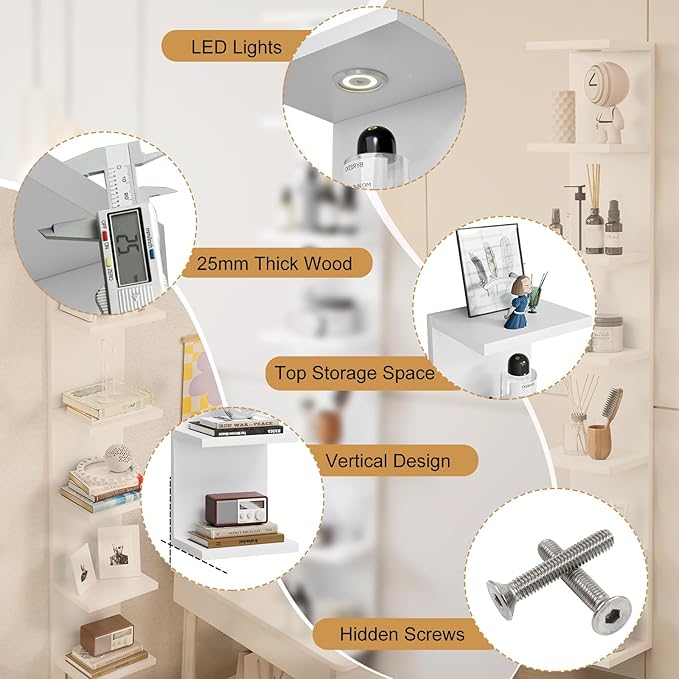 Versatile 7 Tier Shelf Unit 6.4Ft Lack Wall Shelf Unit with LED Floating Wall Shelf Unit Wall Mount Vertical Shelving for Storage Space Saving Organizer for Bedroom Living Room Office Display Decor-HomvellaHome