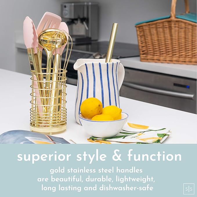 Gold and Pink Kitchen Utensil Set with Holder - 7-Piece Cooking Tools with Gold Whisk, Ladle, Tongs, Turner, Spatula, and Spoon - Stylish Pink Kitchen Accessories for Modern Cooking & Serving-HomvellaHome