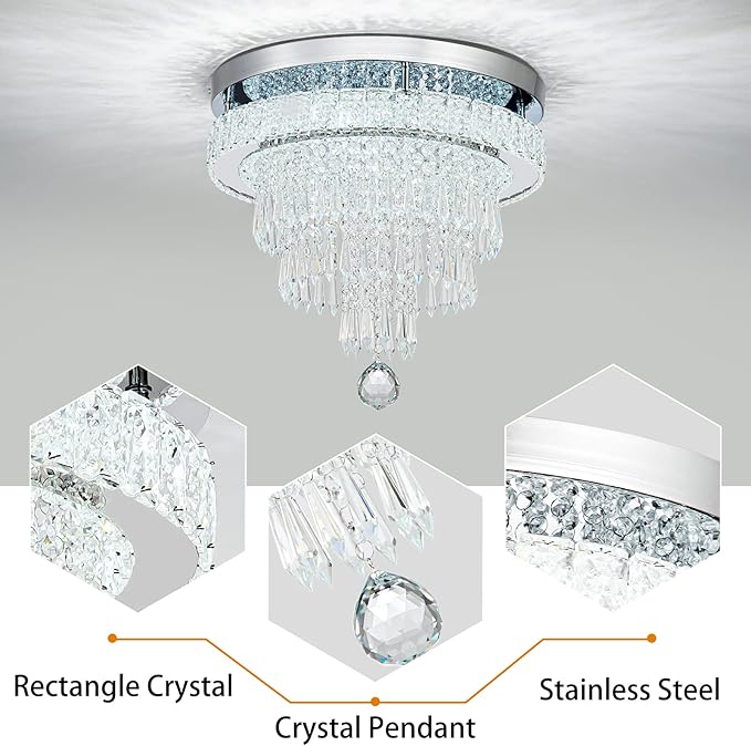 16“ Crystal Chandeliers Light Flush Mount Ceiling Light Fixtures Round Modern LED Chandelier for Living Room Bedroom Dining Room Closet Hallway (Cool White)-HomvellaHome