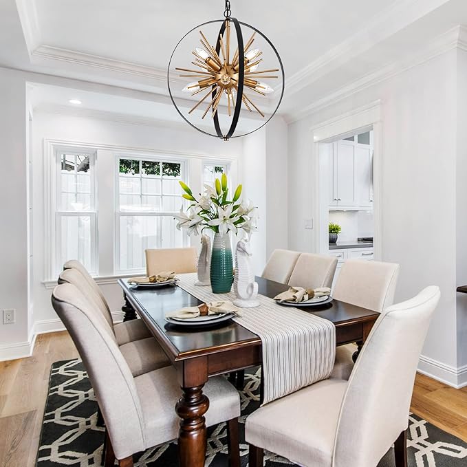 17.72'' Black Gold 8-Light Globe Sputnik Chandelier Modern Industrial Adjustable Hanging Ceiling Firework Pendant Light Fixture for Entryway Stairway Kitchen Dining Living Room Hallway-HomvellaHome