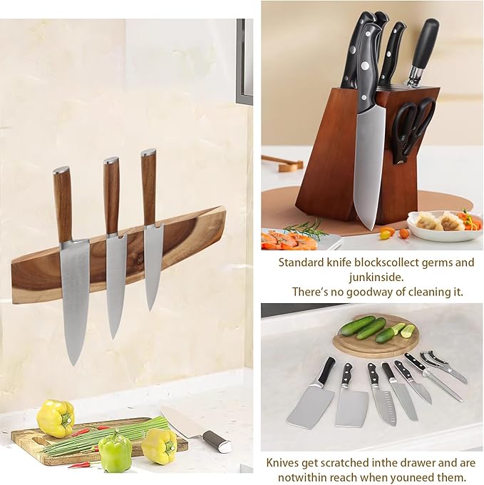 12.5 Inch Magnetic Knife Holder for Wall,Acacia Wood Knife Magnetic Strip,Knife Holder Wood Magnetic,No Drilling Knife Magnetic Strip-Strong Knife Magnet- for Kitchen Knives and Tools-HomvellaHome