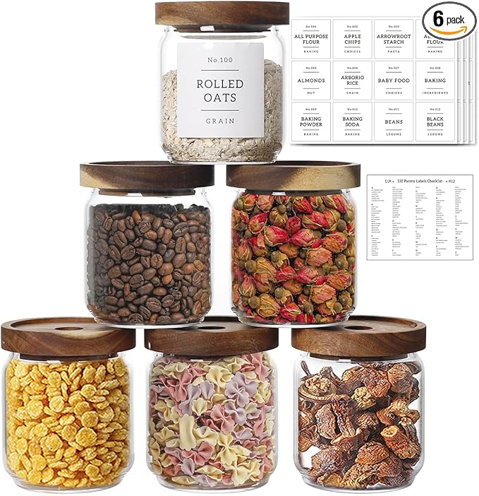 16 OZ Stackable Glass Food Storage Jars with 132 Pantry Labels Preprinted - 6 Pcs Thicken Glass Storage Containers with Airtight Acacia Lid - Clear Kitchen Canister for Spice, Tea, Coffee, Sugar-HomvellaHome