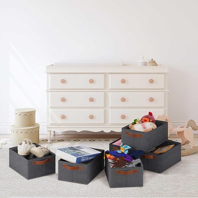 GhvyenntteS Small Fabric Storage Bins 6 Pack, 11.8" x 7.87" x 5.11" Storage Basket with Leather Handles, Closet Storage Bins for Shelves, Storage Baskets for Shelves, DVD Storage (Grey)-HomvellaHome