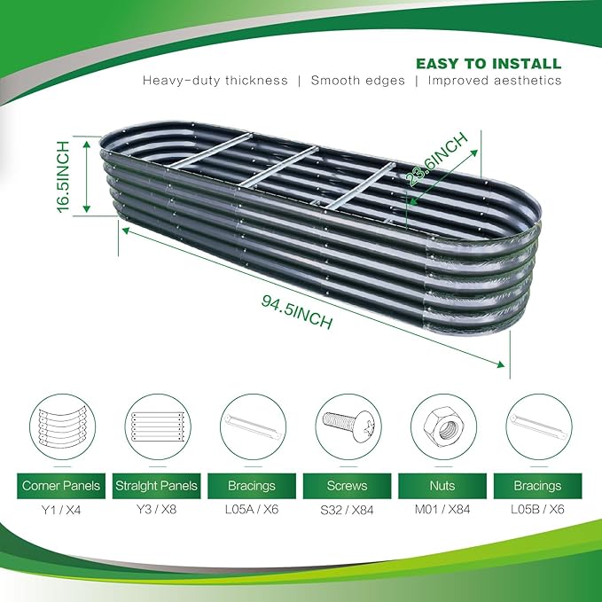 Gardmax Galvanized Raised Garden Bed, Lightweight Planter Boxes Outdoor with Easy Assembly, Large Garden Bed for Vegetables, Fruits, Flower Dark Grey 8FT-HomvellaHome