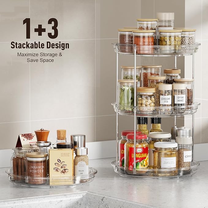 2 Pack 2 Tier Lazy Susan Organizer, 9.25'' Lazy Susan Turntable for Cabinet, Stackable Turntable Organizer Rotating Spice Rack Organization for Kitchen Countertop, Pantry, Bathroom, Clear-HomvellaHome