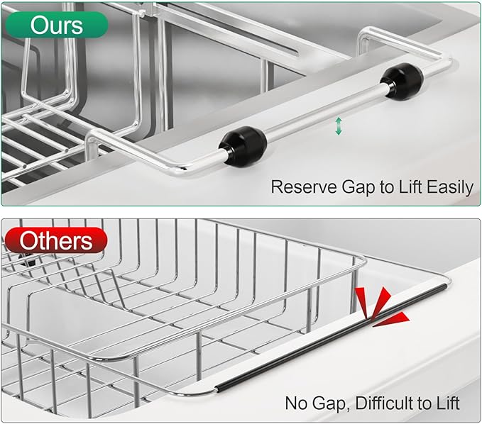 GSlife Expandable in Sink Dish Drying Rack Small with Silicone Mat - Stainless Steel Capacity Adjustable Over The Sink Dish Rack with Utensil Holder for Counter or Inside Sink (12.4" -16.8"), Silver-HomvellaHome