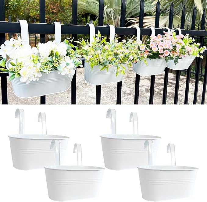 10" Hanging Flower Pots, Pack of 4 White Metal Outdoor Patio Balcony Planter, Railing Planters Fence Pot with Detachable Hook & Drainage Hole for Small Plants (White, 4Pcs)-HomvellaHome