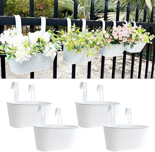 10" Hanging Flower Pots, Pack of 4 White Metal Outdoor Patio Balcony Planter, Railing Planters Fence Pot with Detachable Hook & Drainage Hole for Small Plants (White, 4Pcs)-HomvellaHome