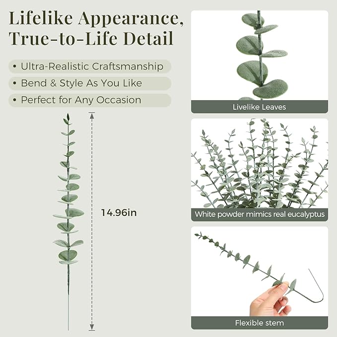 18Pcs Faux Eucalyptus Stems, 15" Artificial Eucalyptus Plants with White Frosted Coating, Fake Eucalyptus Decor Plastic Greenery Leaves for Wedding Bouquets Home Decor DIY Floral Arrangements-HomvellaHome