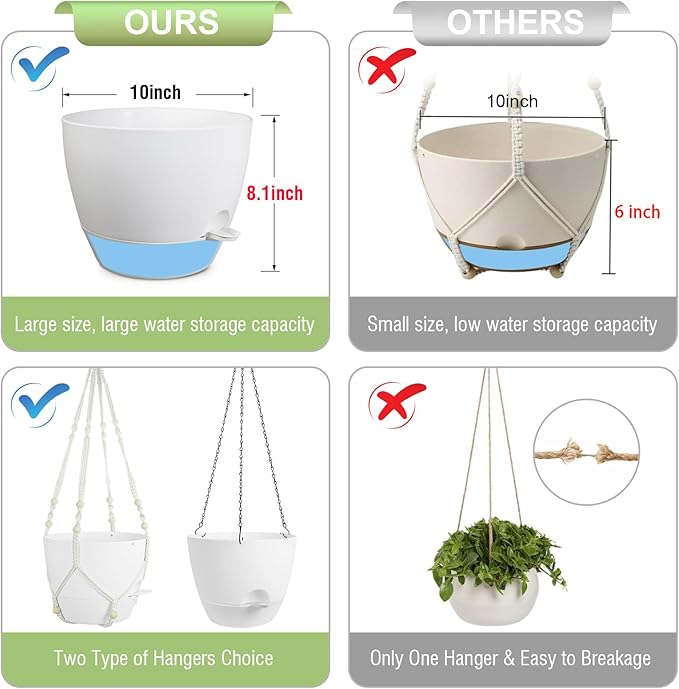 10 inch Self Watering Hanging Planters, 2 Pack Hanging Flower Pots for Indoor Outdoor Plants, Hanging Baskets with Drainage Holes & 2 Kinds of Plant Hangers for Garden Home Decor, White-HomvellaHome