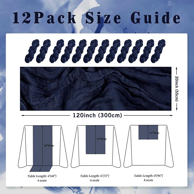 12 Pack Navy Blue Cheesecloth Table Runner 10FT Boho Fabric Rustic Cheese Cloth Table Runner for Wedding Bridal Shower Baby Shower Gauze Sheer Birthday Party Table Decorations 20 x 120 Inch Long-HomvellaHome