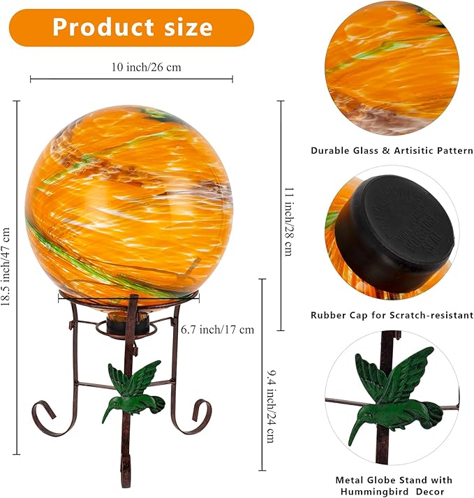 10 Inch Glass Gazing Ball, with 9.4" Tall Metal Gazing Globe Stand, Glass Balls Display Holder Set for Outdoor Garden Lawn Yard Decoration, Sunset Sky-HomvellaHome