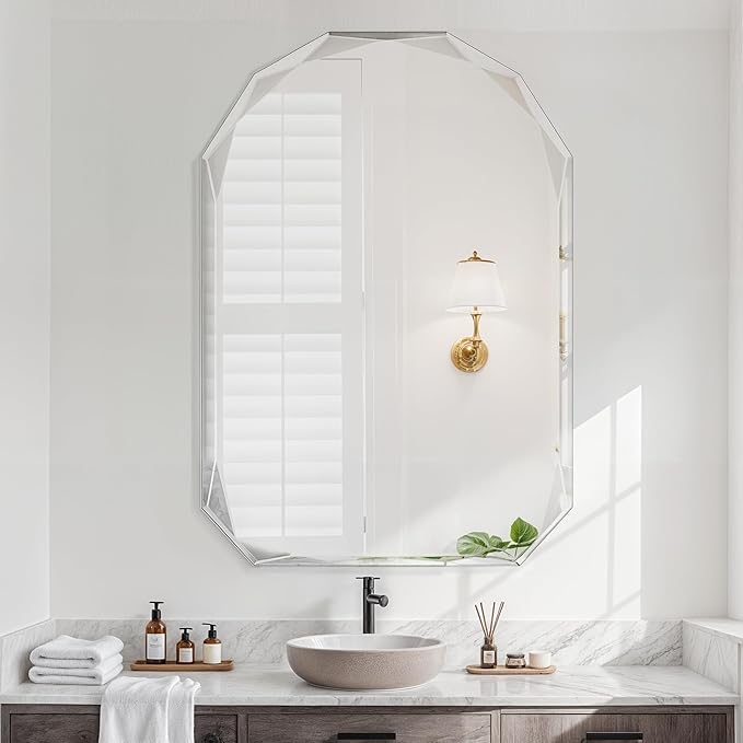 Bathroom Mirror for Wall, 26" x 38" Arched Mirror, Bathroom Vanity Mirror, Beveled Edge Frameless Wall Mount Vanity Mirrors, Wall Mirrors Decorative, Irregular Beveled Edge Mirror-HomvellaHome