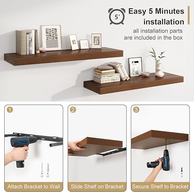 12" Deep Walnut Floating Shelves,Over Toilet Long Wall Mounted Modern Farmhouse 36 inches,Wall Shelves with Invisible Brackets for Bedroom, Bathroom, Living Room, Kitchen, Set of 1-HomvellaHome