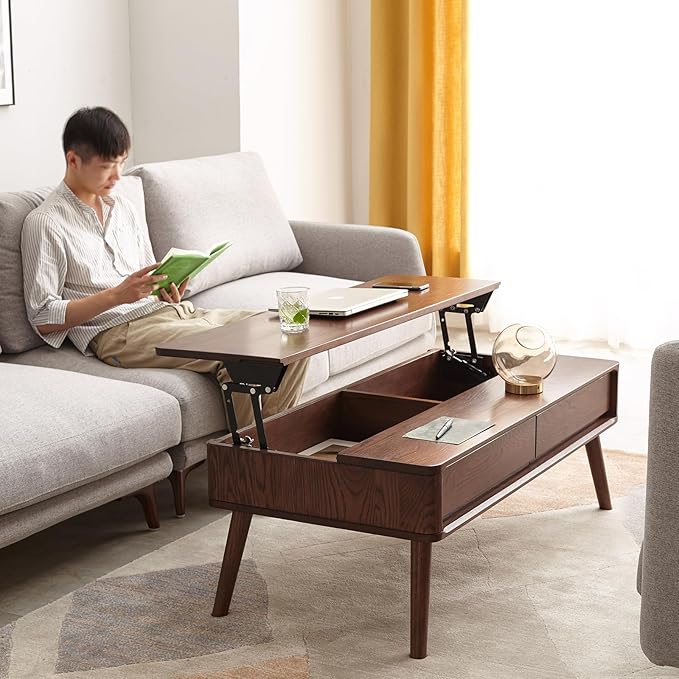 100% Solid Wood Lift Top Coffee Table for Living Room, Mid Century Modern Tables with Drawers and Large Storage, Oak Wood Coffee Tables for Small Spaces (Oak Walnut Color, 47.24"W x 23.62"D x 25.59"H)-HomvellaHome