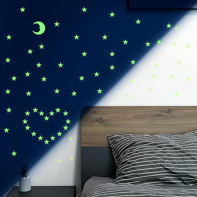 100 Stars and 1 Moon Glow in The Dark Luminous Fluorescent 3D Plastic Glow Stars Moon for Ceiling, Glowing Wall Stickers Create a Realistic Starry Sky, Room Decorations (Green)-HomvellaHome