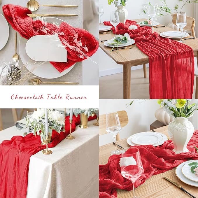 12 Pack Red 10FT Cheesecloth Table Runner Rustic Gauze Fabric Cheese Cloth Table Runner for Wedding Bridal Baby Shower Table Decor Boho Sheer Birthday Party Table Decorations 20 x 120 Inch Long-HomvellaHome