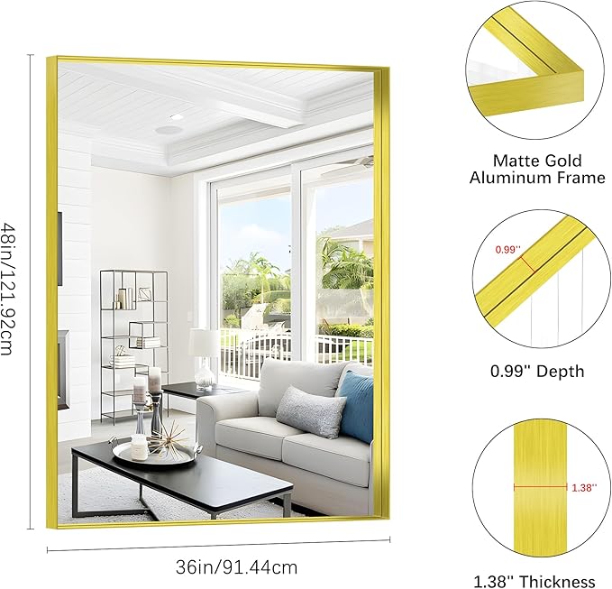 Gold Bathroom Mirror, 36x48 Inch Rectangular Framed Mirror, Large Wall Mounted Bathroom Vanity Mirror Over Sink for Bedroom,Restroom, Living Room, Hangs Vertically or Horizontally-HomvellaHome