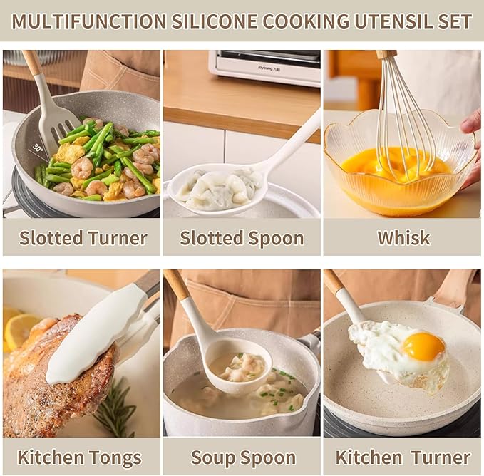 13-Piece silicone utensil set wood handle nonstick cookware safe dishwasher safe kitchen tools BPA free heat resistant (450°F/230°C) ceramic pan safe cooking gifts housewarming (White)-HomvellaHome
