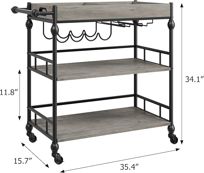 GarveeHome Bar Cart, Bar Carts for The Home, 3 Tier Serving Cart with Wheels, Home Bar & Serving Carts, Metal Rolling Cart with Wine Rack & Removable Tray for Kitchen, Dining Room, Living Room-Grey-HomvellaHome
